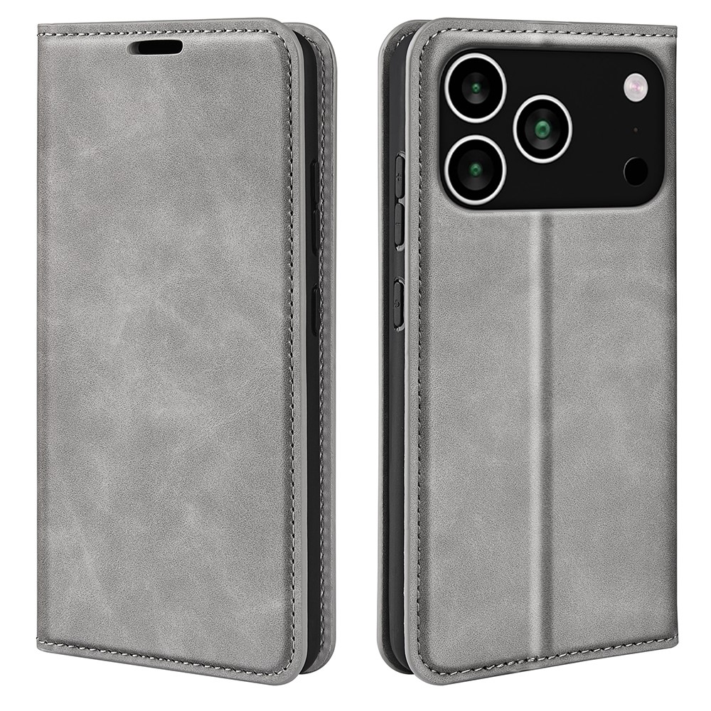 For iPhone 17 Pro Max Case Skin Touch Leather Wallet Phone Cover - Grey