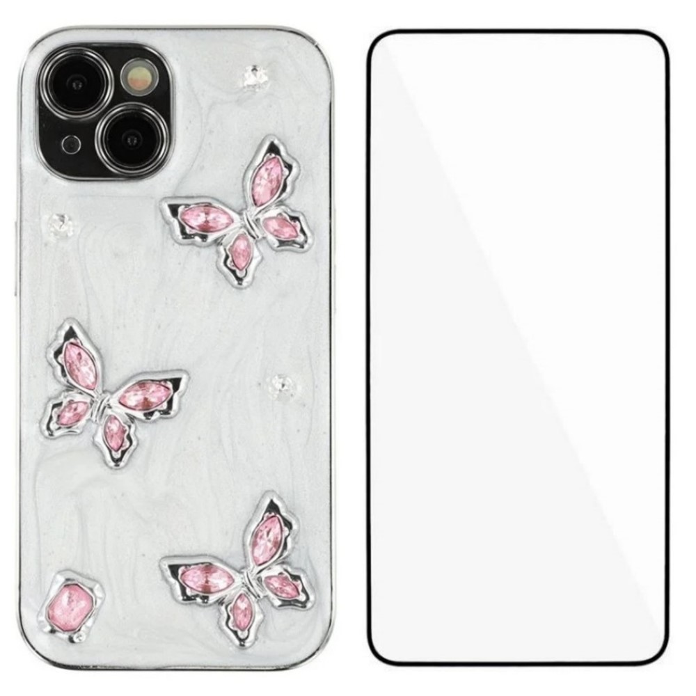 For iPhone 13 6.1 inch Case WANLONFENG Electroplated Epoxy TPU + Acrylic Phone Cover with Tempered Glass - Pink Butterfly