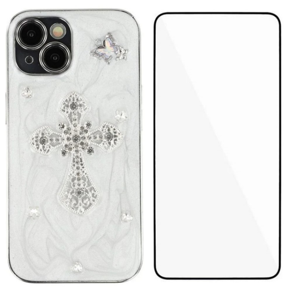 For iPhone 13 6.1 inch Case WANLONFENG Electroplated Epoxy TPU + Acrylic Phone Cover with Tempered Glass - Cross