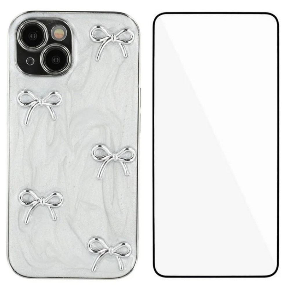 For iPhone 14 Case WANLONFENG Electroplated Epoxy TPU + Acrylic Phone Cover with Tempered Glass - Metal Bow