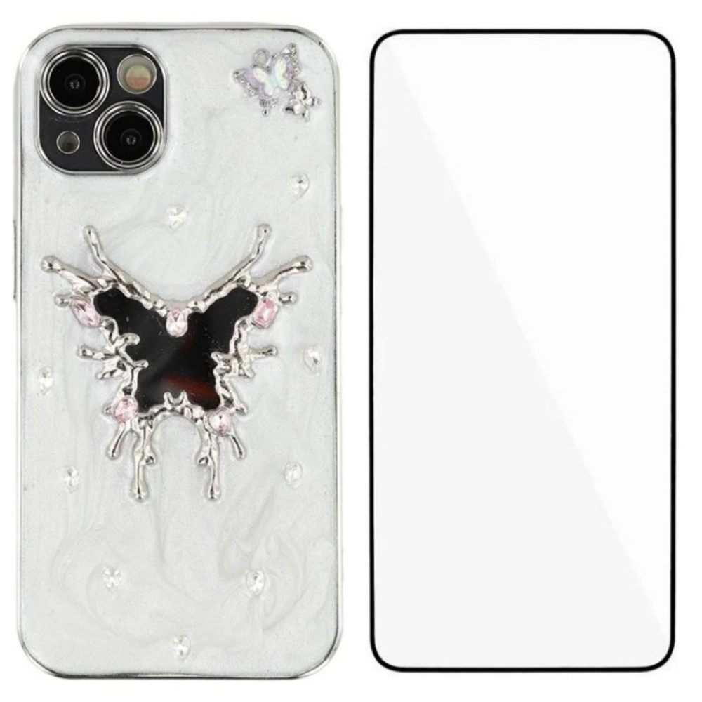 For iPhone 14 Case WANLONFENG Electroplated Epoxy TPU + Acrylic Phone Cover with Tempered Glass - Big Butterfly
