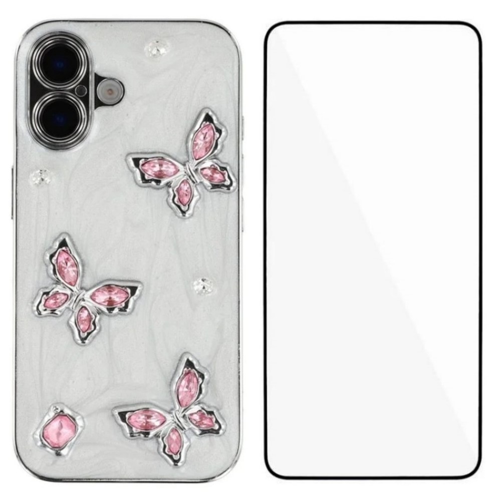 For iPhone 16 Case WANLONFENG Electroplated Epoxy TPU + Acrylic Phone Cover with Tempered Glass - Pink Butterfly