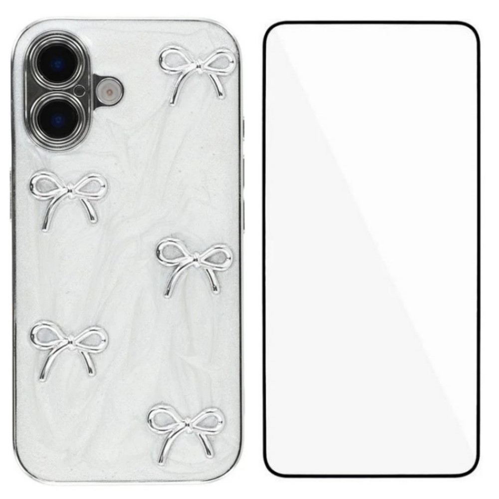 For iPhone 16 Case WANLONFENG Electroplated Epoxy TPU + Acrylic Phone Cover with Tempered Glass - Metal Bow