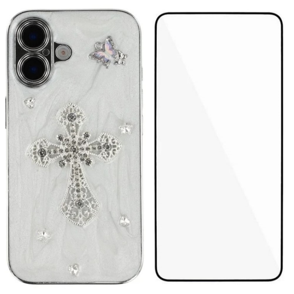 For iPhone 16 Case WANLONFENG Electroplated Epoxy TPU + Acrylic Phone Cover with Tempered Glass - Cross