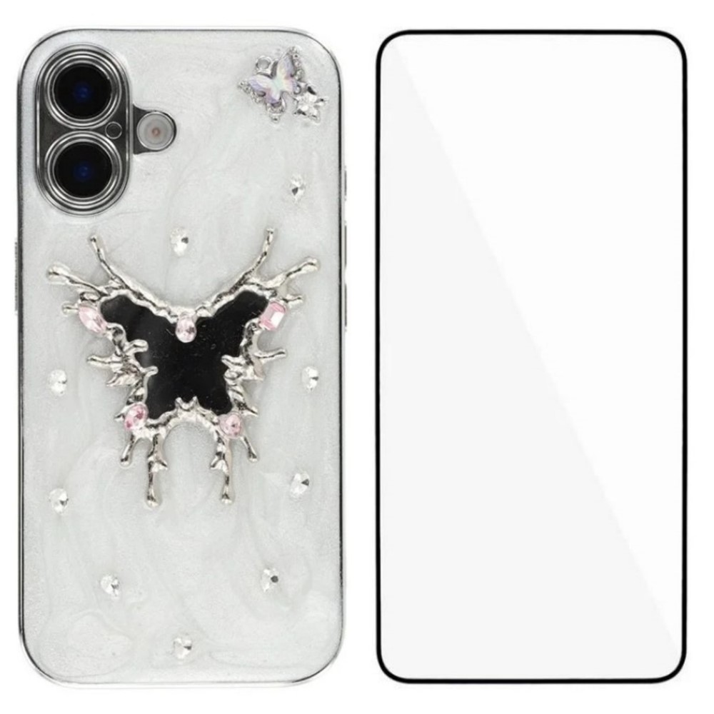 For iPhone 16 Case WANLONFENG Electroplated Epoxy TPU + Acrylic Phone Cover with Tempered Glass - Big Butterfly