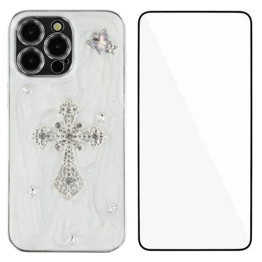 For iPhone 14 Pro Case WANLONFENG Electroplated Epoxy TPU + Acrylic Phone Cover with Tempered Glass - Cross