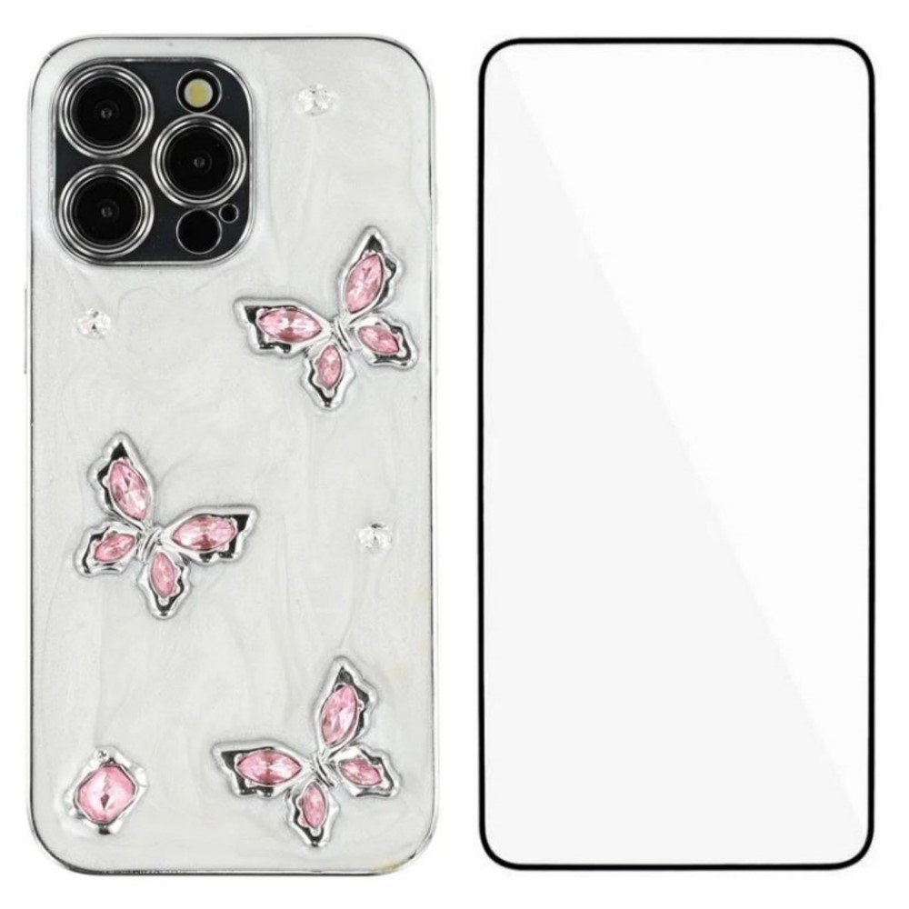 For iPhone 14 Pro Max Case WANLONFENG Electroplated Epoxy TPU + Acrylic Phone Cover with Tempered Glass - Pink Butterfly