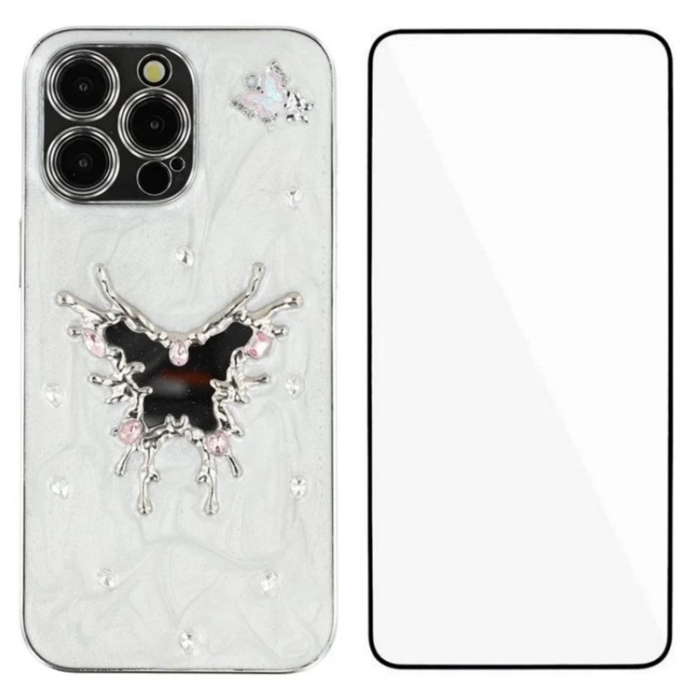 For iPhone 15 Pro Case WANLONFENG Electroplated Epoxy TPU + Acrylic Phone Cover with Tempered Glass - Big Butterfly