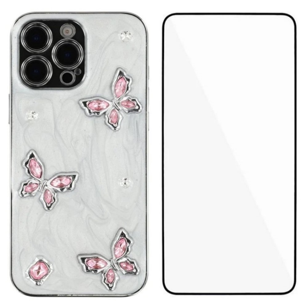 For iPhone 16 Pro Case WANLONFENG Electroplated Epoxy TPU + Acrylic Phone Cover with Tempered Glass - Pink Butterfly