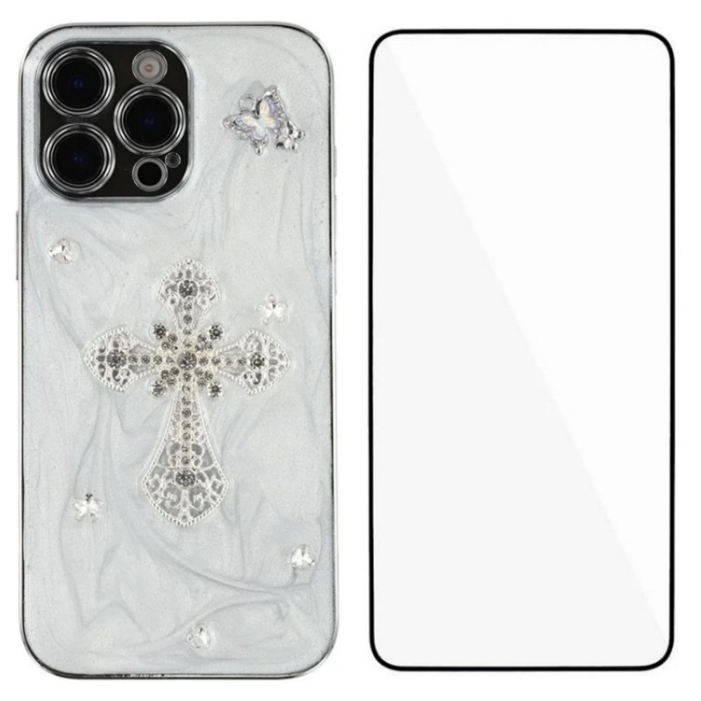 For iPhone 16 Pro Max Case WANLONFENG Electroplated Epoxy TPU + Acrylic Phone Cover with Tempered Glass - Cross