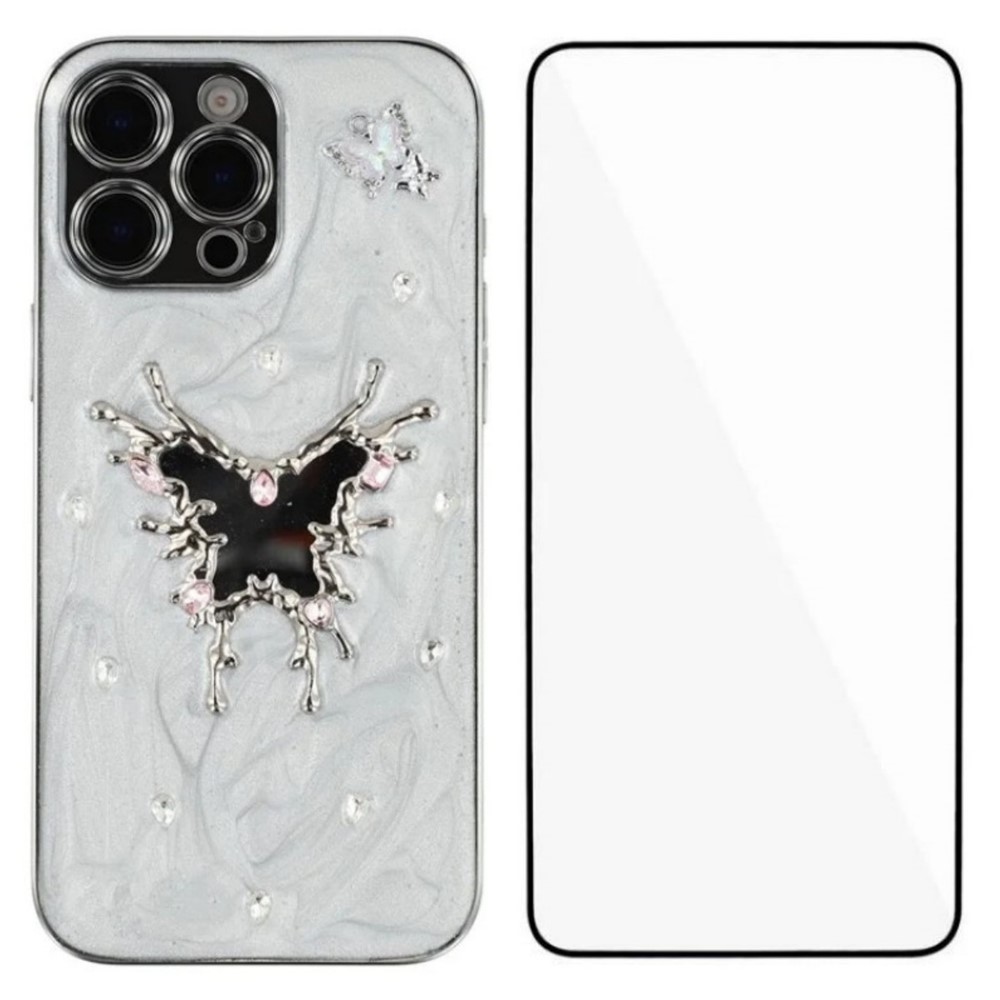 For iPhone 16 Pro Max Case WANLONFENG Electroplated Epoxy TPU + Acrylic Phone Cover with Tempered Glass - Big Butterfly
