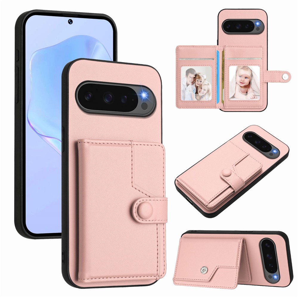 For Google Pixel 10 Pro XL Case RFID Blocking Card Holder Kickstand TPU + PU Leather Phone Back Cover - Rose Gold