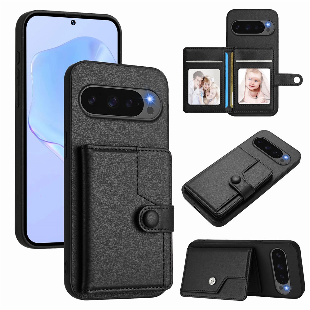 For Google Pixel 10 Pro XL Case RFID Blocking Card Holder Kickstand TPU + PU Leather Phone Back Cover - Black