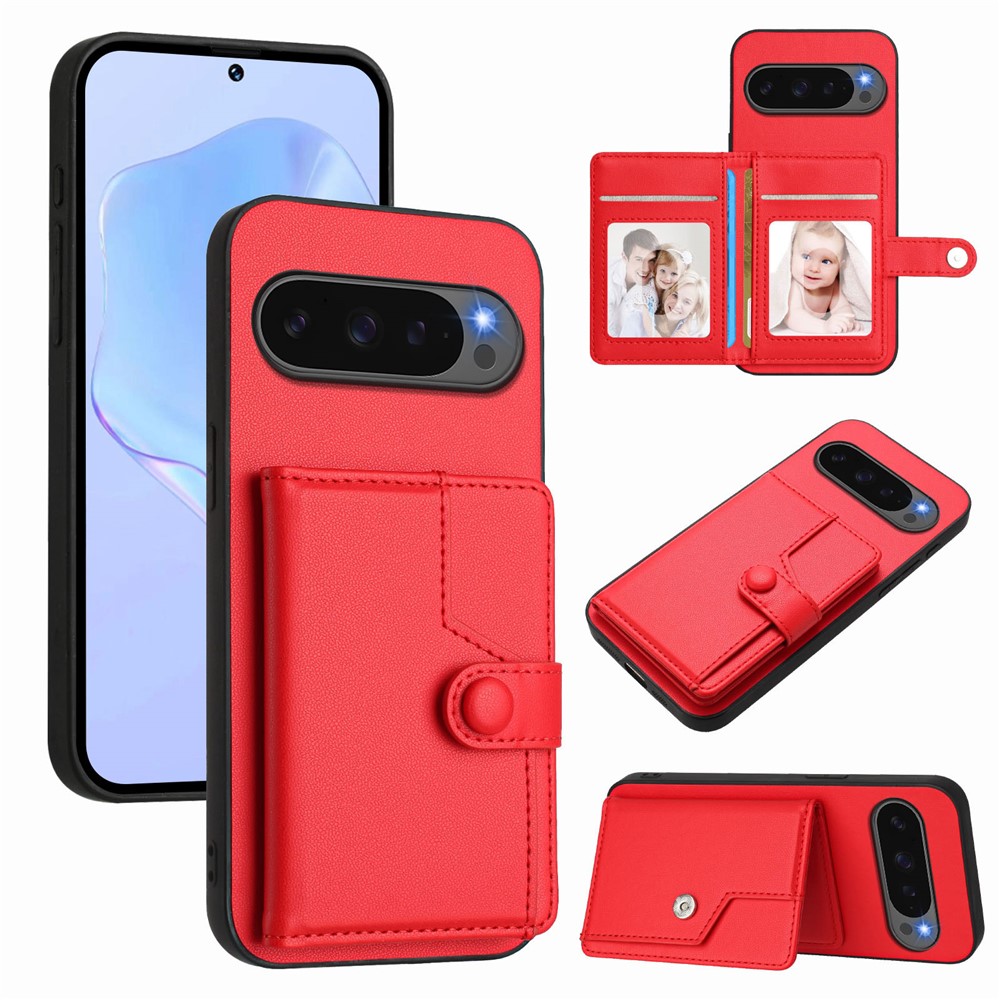 For Google Pixel 10 Pro XL Case RFID Blocking Card Holder Kickstand TPU + PU Leather Phone Back Cover - Red