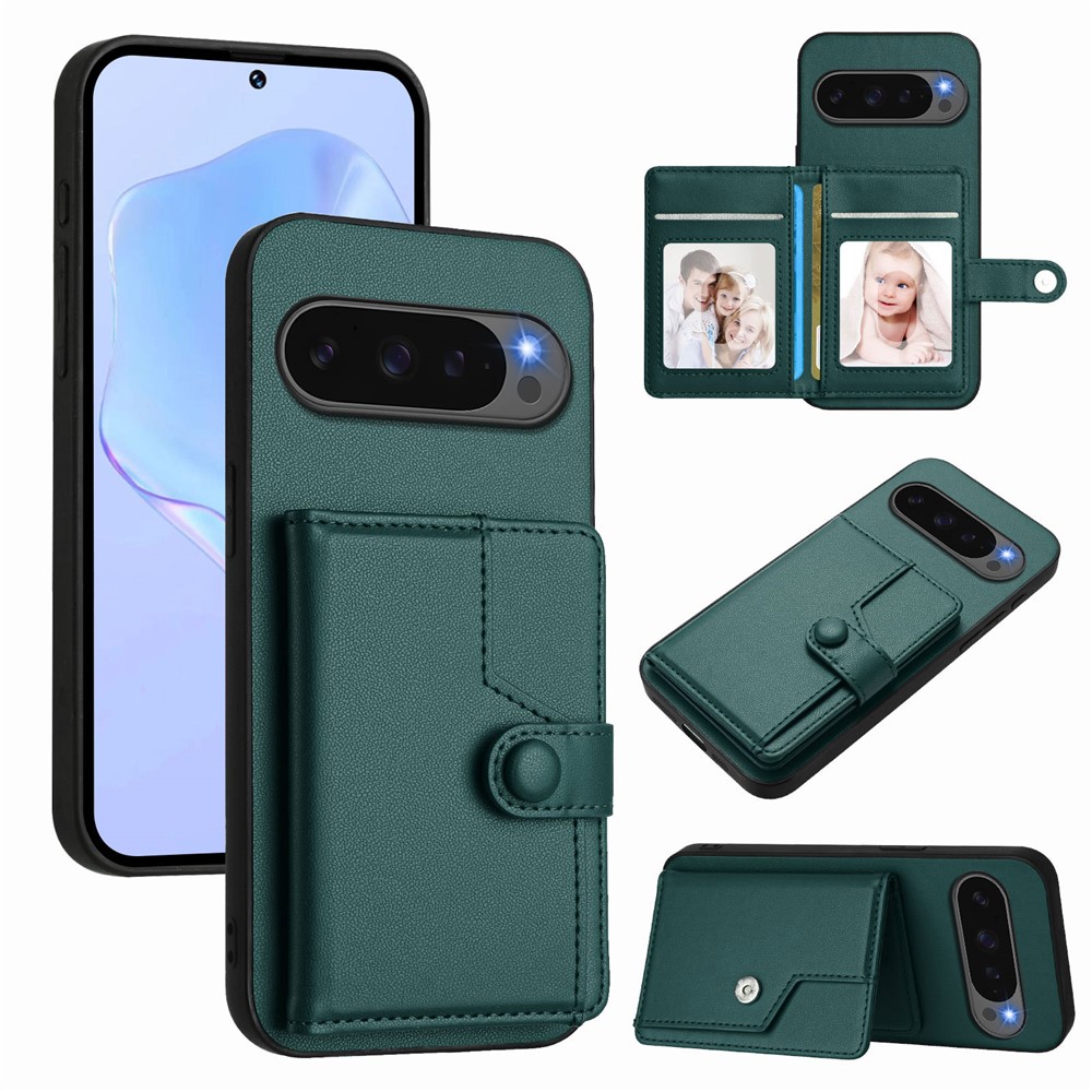 For Google Pixel 10 Pro XL Case RFID Blocking Card Holder Kickstand TPU + PU Leather Phone Back Cover - Green