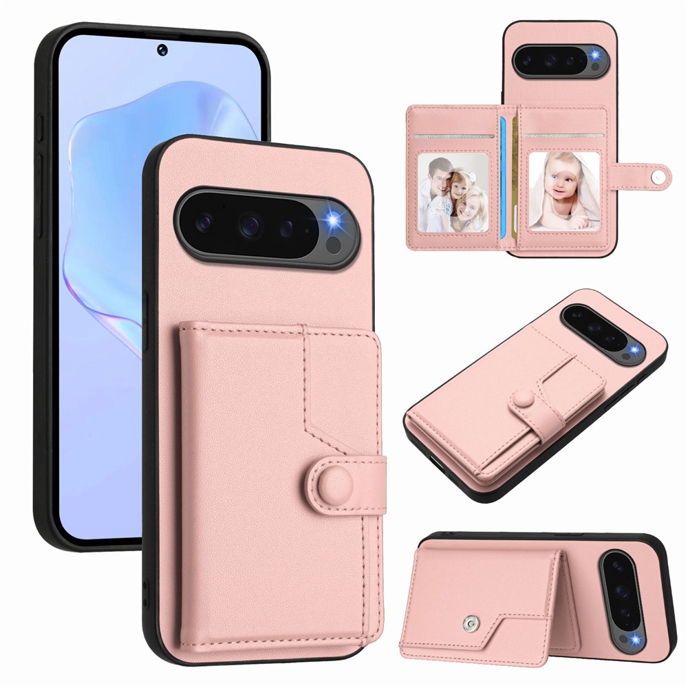 For Google Pixel 10 Pro / Google Pixel 10 Case RFID Blocking Card Holder Kickstand TPU + PU Leather Phone Back Cover - Rose Gold