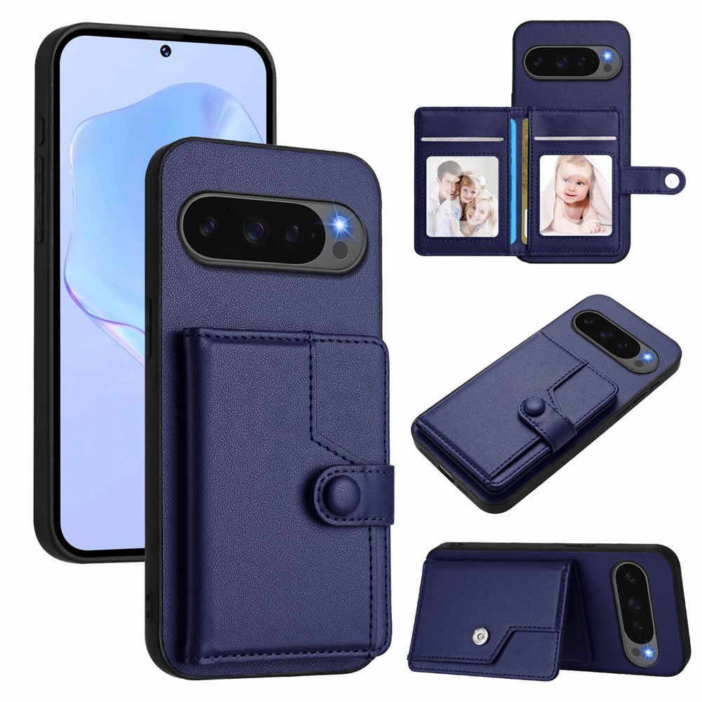 For Google Pixel 10 Pro / Google Pixel 10 Case RFID Blocking Card Holder Kickstand TPU + PU Leather Phone Back Cover - Blue