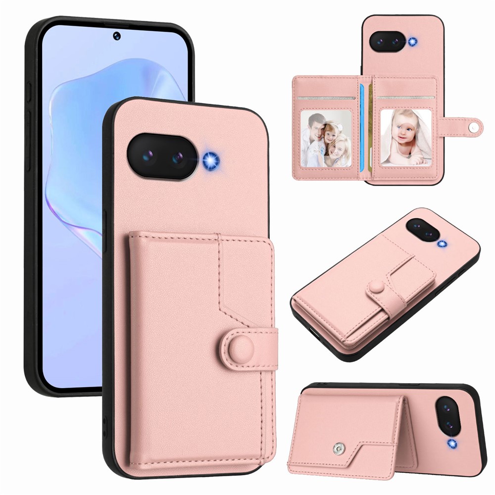 For Google Pixel 9a Case RFID Blocking Card Holder Kickstand TPU + PU Leather Phone Back Cover - Rose Gold