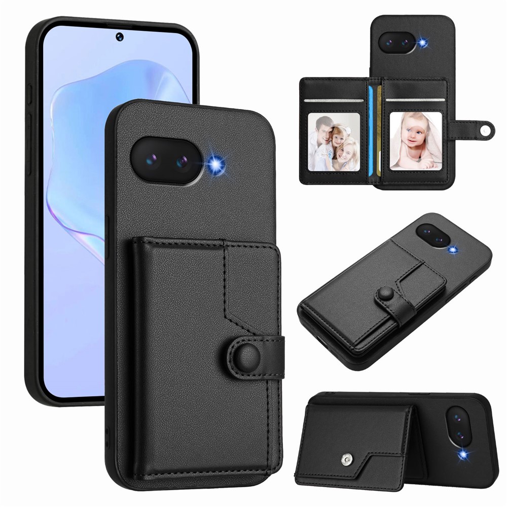 For Google Pixel 9a Case RFID Blocking Card Holder Kickstand TPU + PU Leather Phone Back Cover - Black