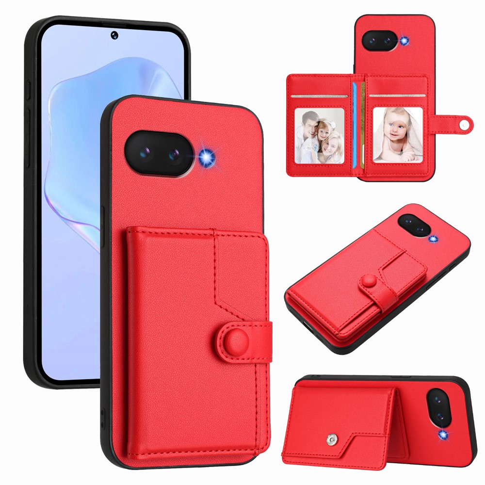 For Google Pixel 9a Case RFID Blocking Card Holder Kickstand TPU + PU Leather Phone Back Cover - Red