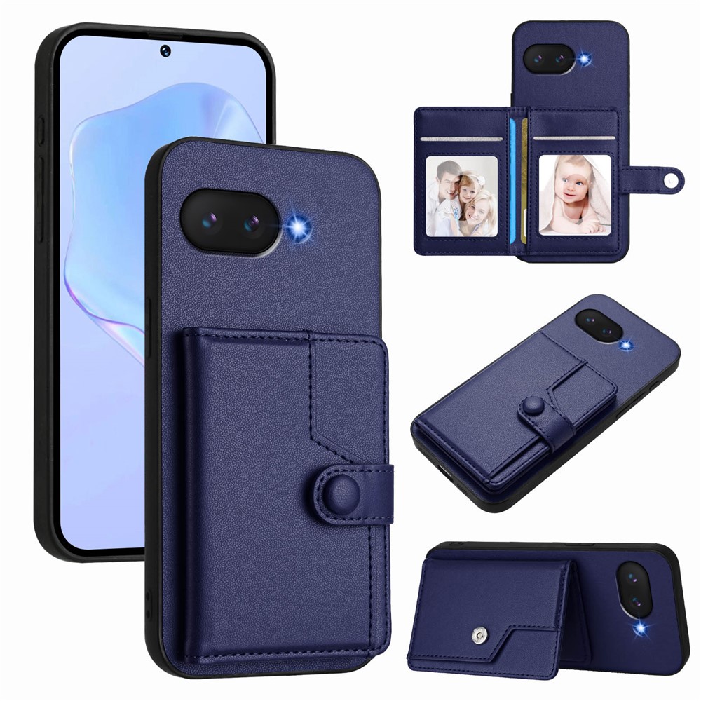 For Google Pixel 9a Case RFID Blocking Card Holder Kickstand TPU + PU Leather Phone Back Cover - Blue