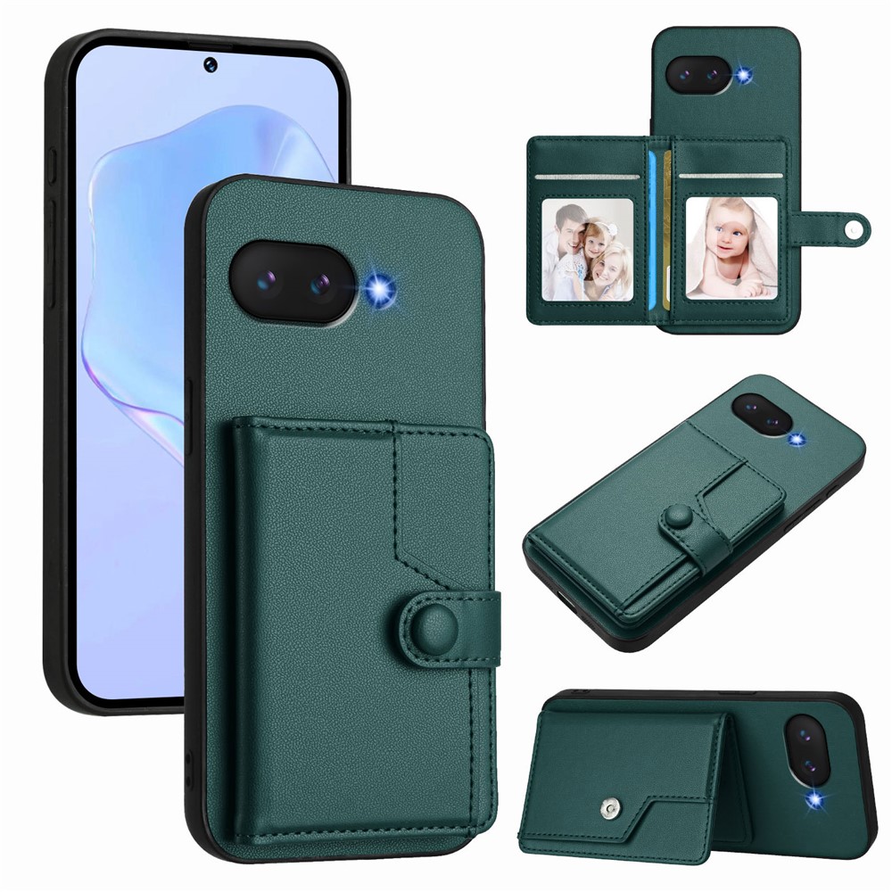 For Google Pixel 9a Case RFID Blocking Card Holder Kickstand TPU + PU Leather Phone Back Cover - Green
