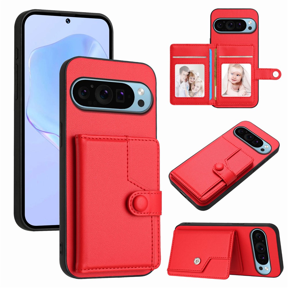 For Google Pixel 9 Pro Case RFID Blocking Card Holder Kickstand TPU + PU Leather Phone Back Cover - Red