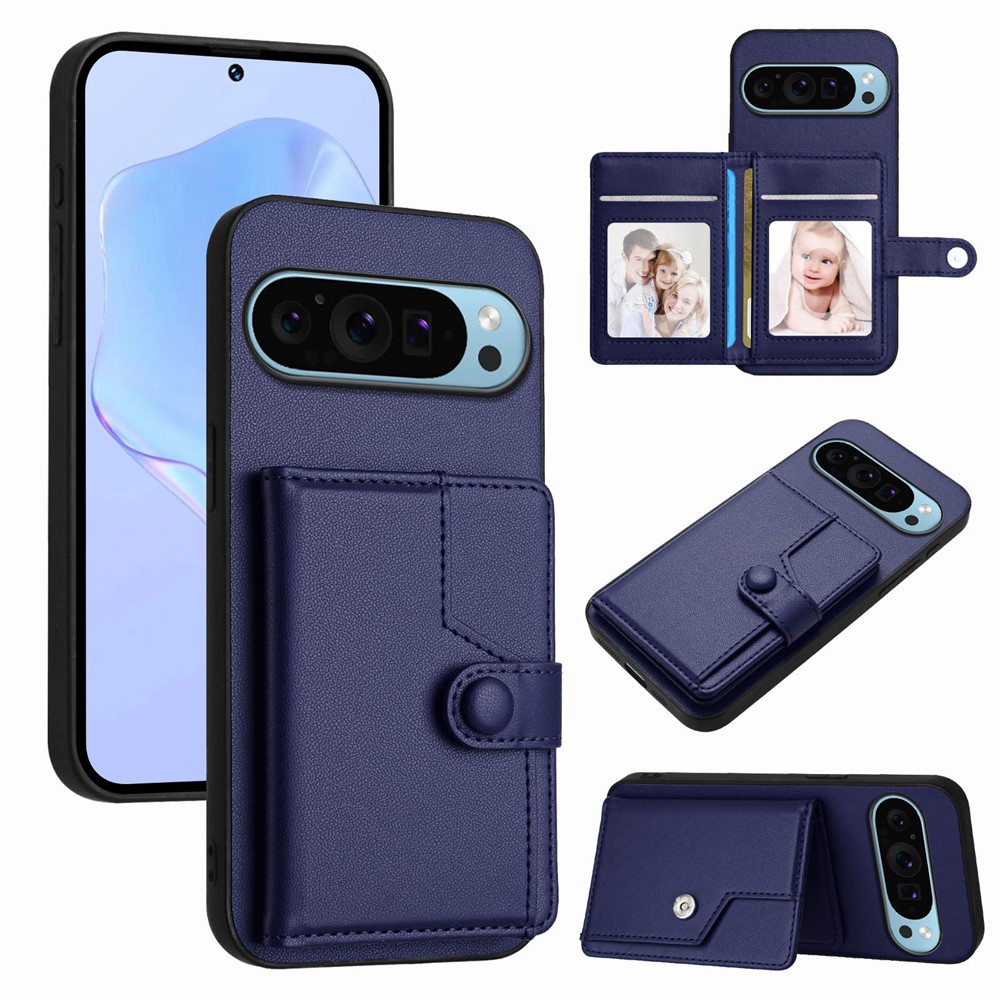 For Google Pixel 9 Pro Case RFID Blocking Card Holder Kickstand TPU + PU Leather Phone Back Cover - Blue