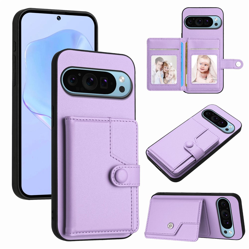 For Google Pixel 9 Pro Case RFID Blocking Card Holder Kickstand TPU + PU Leather Phone Back Cover - Purple
