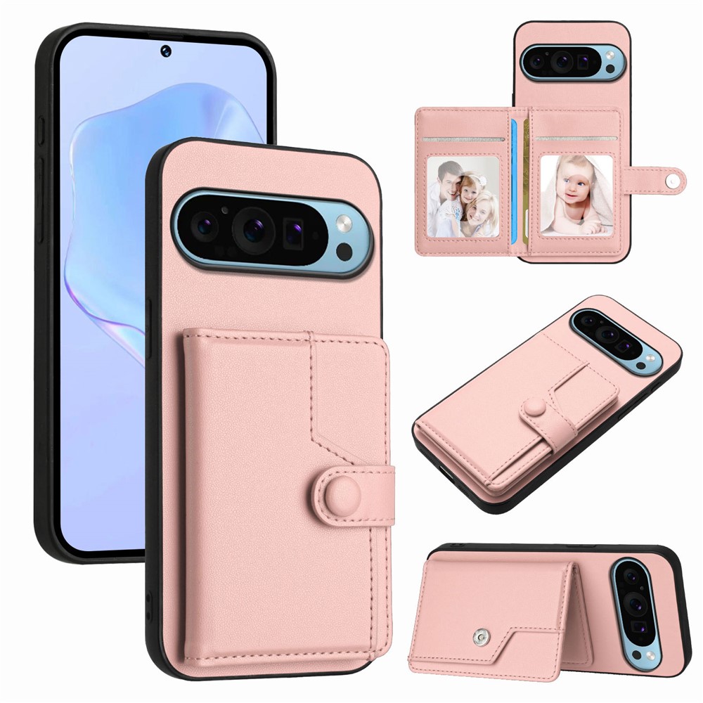 For Google Pixel 9 Case RFID Blocking Card Holder Kickstand TPU + PU Leather Phone Back Cover - Rose Gold