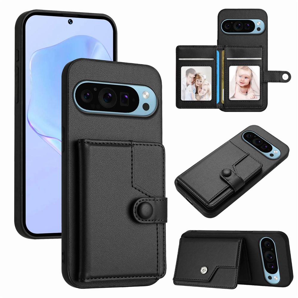 For Google Pixel 9 Case RFID Blocking Card Holder Kickstand TPU + PU Leather Phone Back Cover - Black