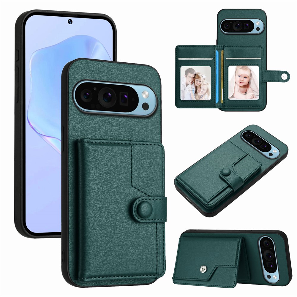 For Google Pixel 9 Case RFID Blocking Card Holder Kickstand TPU + PU Leather Phone Back Cover - Green