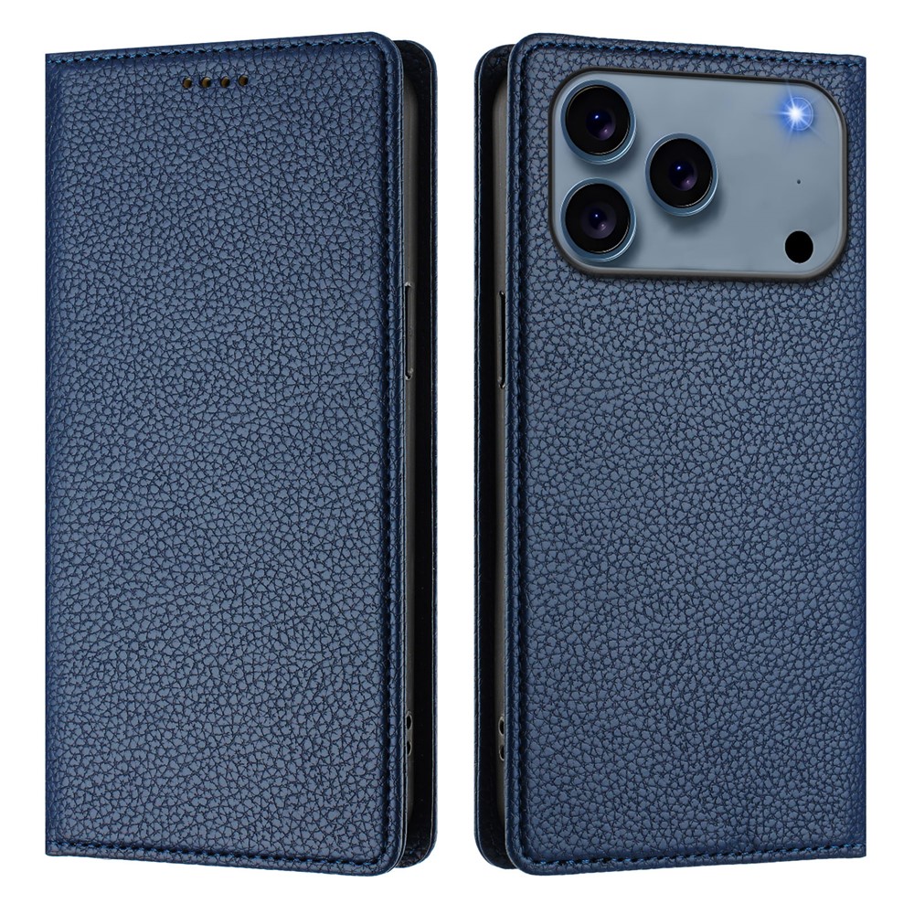 For iPhone 17 Pro Max Wallet Case RFID Blocking Litchi Texture Leather Mobile Cover - Dark Blue