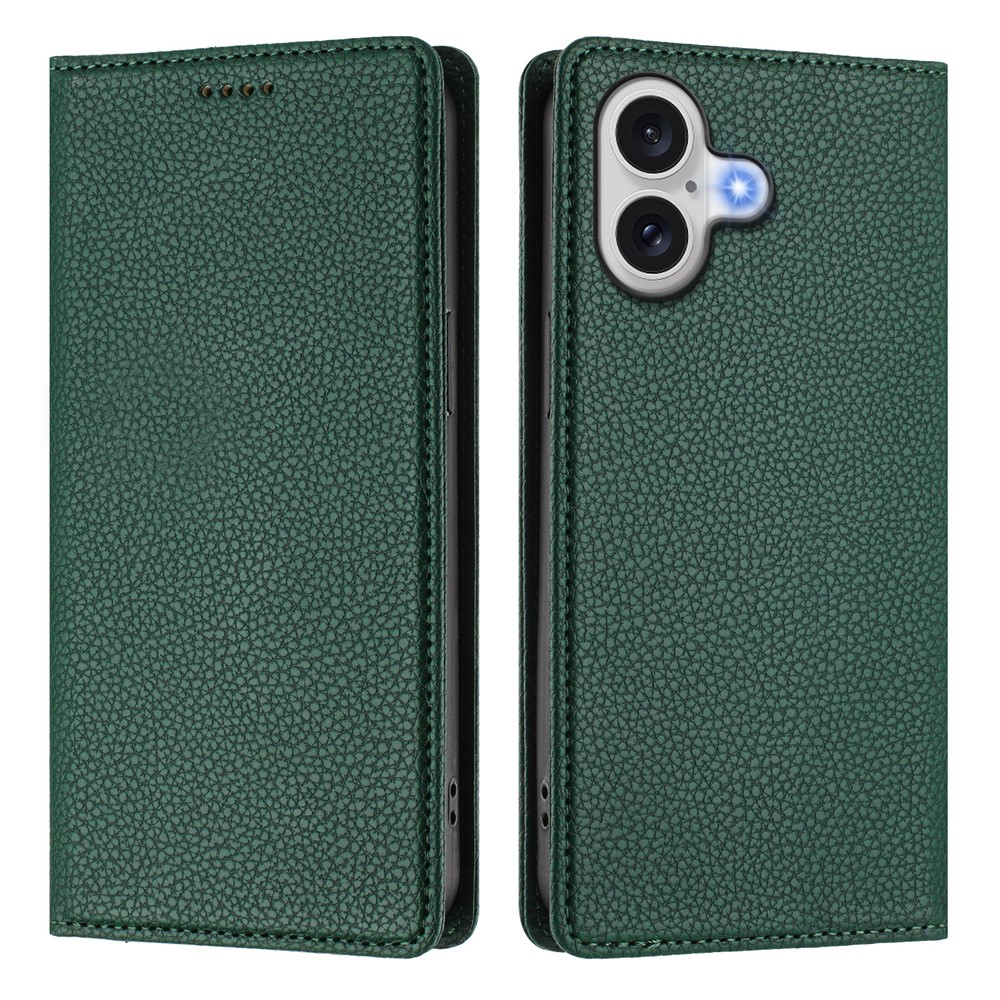 For iPhone 17 Wallet Case RFID Blocking Litchi Texture Leather Mobile Cover - Dark Green