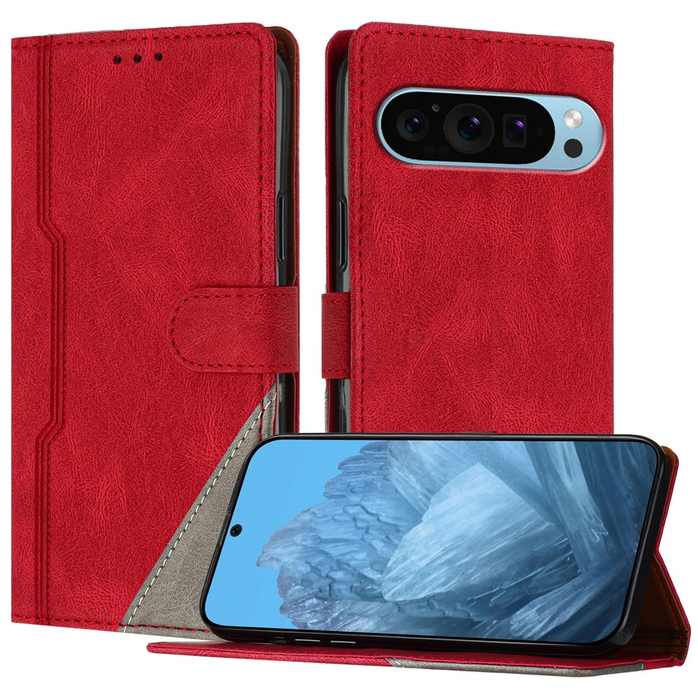 For Google Pixel 9 Pro Leather Case Triangle Patchwork Wallet Stand Shockproof Phone Cover - Red