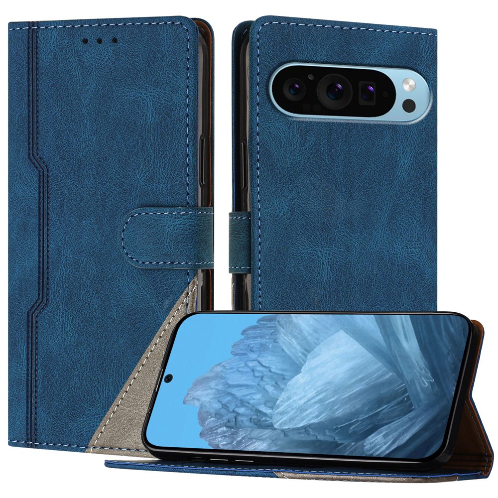 For Google Pixel 9 Pro Leather Case Triangle Patchwork Wallet Stand Shockproof Phone Cover - Blue