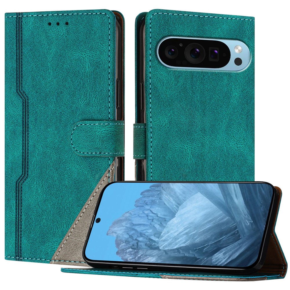 For Google Pixel 9 Pro Leather Case Triangle Patchwork Wallet Stand Shockproof Phone Cover - Green