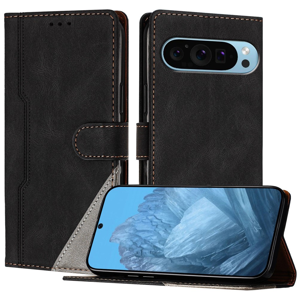 For Google Pixel 9 Pro Leather Case Triangle Patchwork Wallet Stand Shockproof Phone Cover - Black