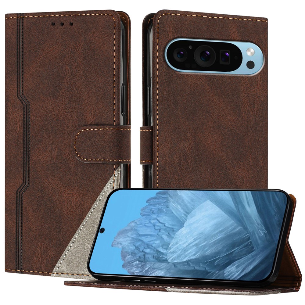 For Google Pixel 9 Leather Case Triangle Patchwork Wallet Stand Shockproof Phone Cover - Brown