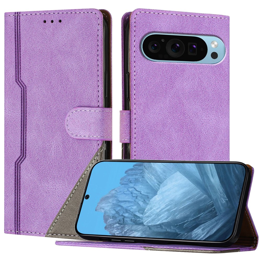For Google Pixel 9 Leather Case Triangle Patchwork Wallet Stand Shockproof Phone Cover - Purple
