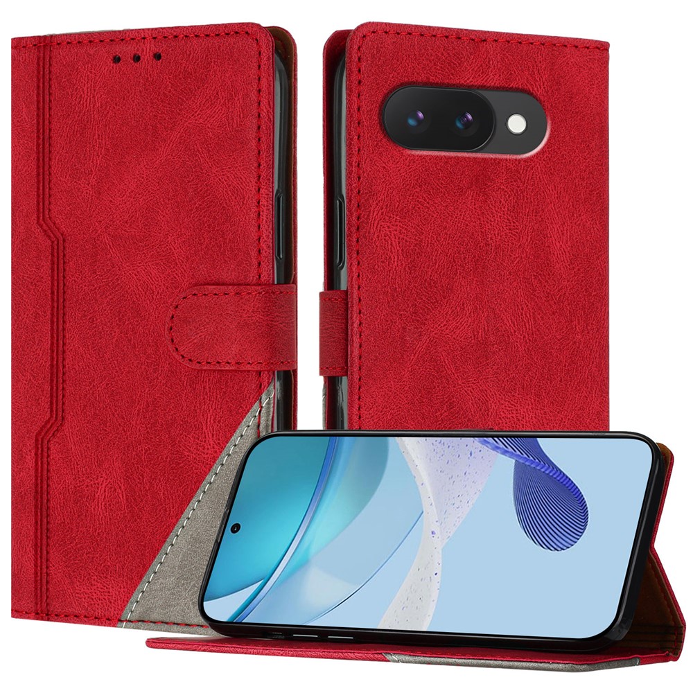 For Google Pixel 9a Leather Case Triangle Patchwork Wallet Stand Shockproof Phone Cover - Red
