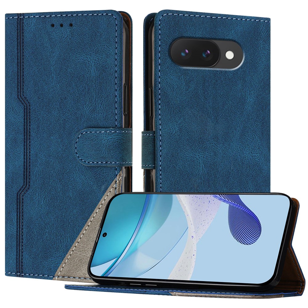 For Google Pixel 9a Leather Case Triangle Patchwork Wallet Stand Shockproof Phone Cover - Blue