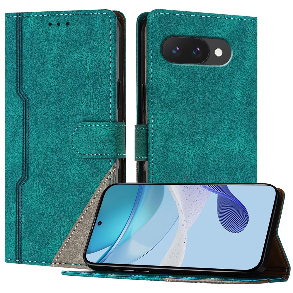For Google Pixel 9a Leather Case Triangle Patchwork Wallet Stand Shockproof Phone Cover - Green