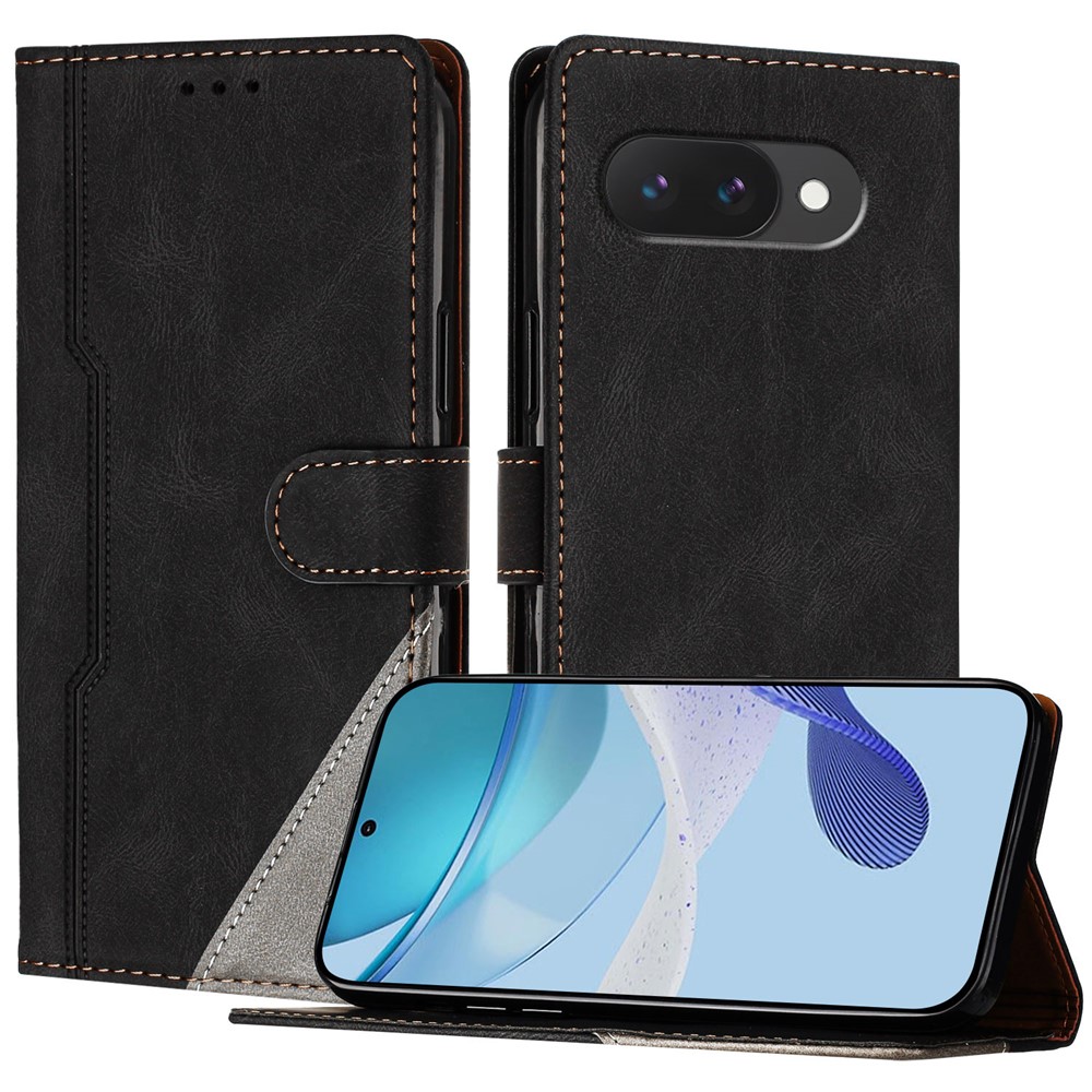 For Google Pixel 9a Leather Case Triangle Patchwork Wallet Stand Shockproof Phone Cover - Black