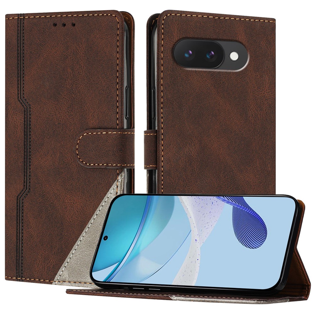 For Google Pixel 9a Leather Case Triangle Patchwork Wallet Stand Shockproof Phone Cover - Brown