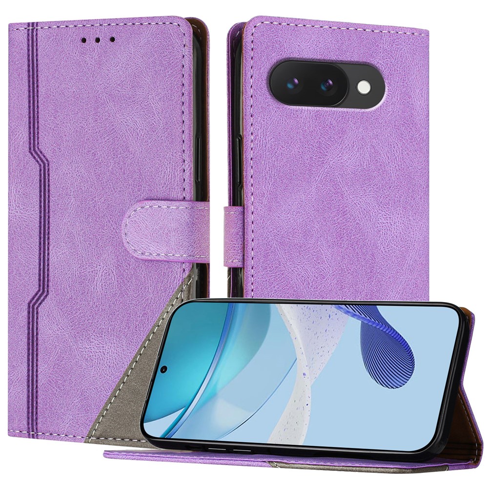 For Google Pixel 9a Leather Case Triangle Patchwork Wallet Stand Shockproof Phone Cover - Purple