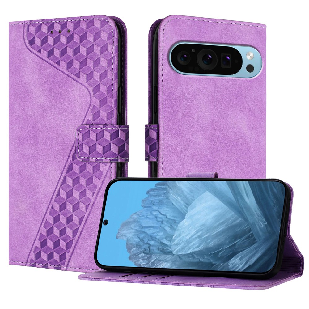 For Google Pixel 9 Pro Leather Case 7-Shaped Pattern Wallet Stand Shockproof Phone Cover - Purple
