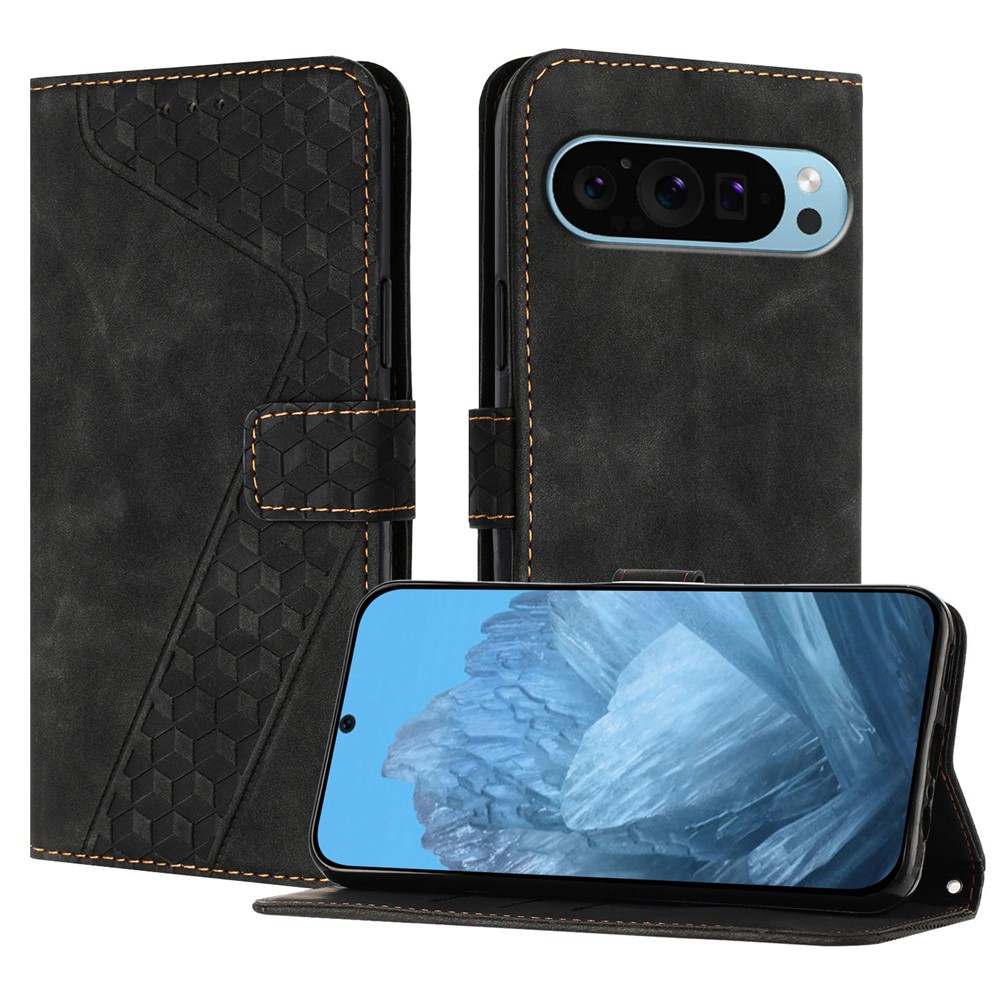 For Google Pixel 9 Pro Leather Case 7-Shaped Pattern Wallet Stand Shockproof Phone Cover - Black