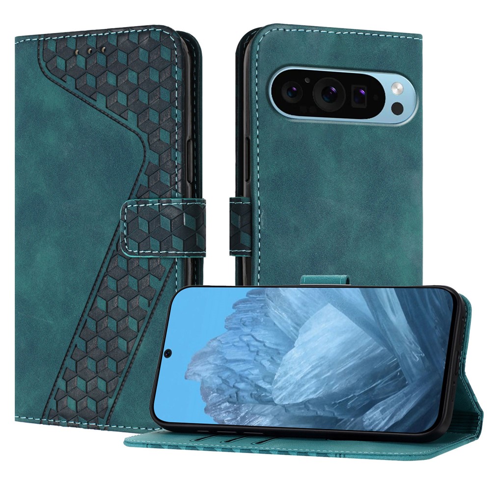 For Google Pixel 9 Pro Leather Case 7-Shaped Pattern Wallet Stand Shockproof Phone Cover - Green