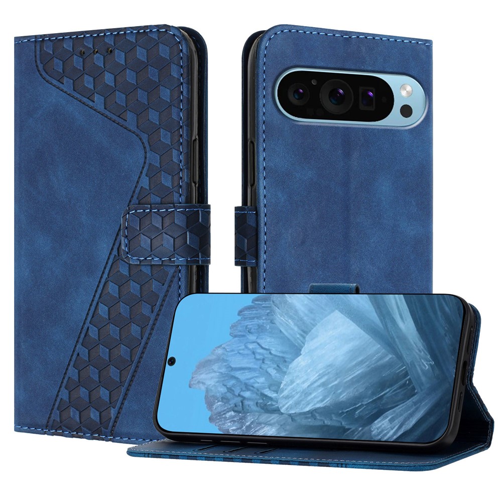 For Google Pixel 9 Leather Case 7-Shaped Pattern Wallet Stand Shockproof Phone Cover - Blue